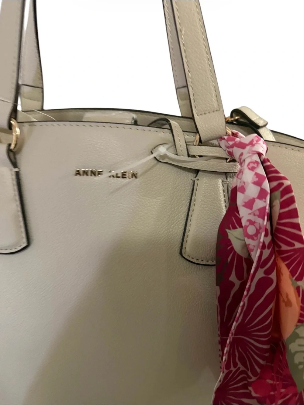 Anne Klein Cream Tote with Pink Scarf Detail